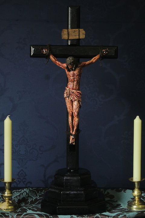 CRUCIFIXO MESA 60 CM PAIXÃO DE CRISTO CHAGAS ULTRA REALISTAS MÉDIO
